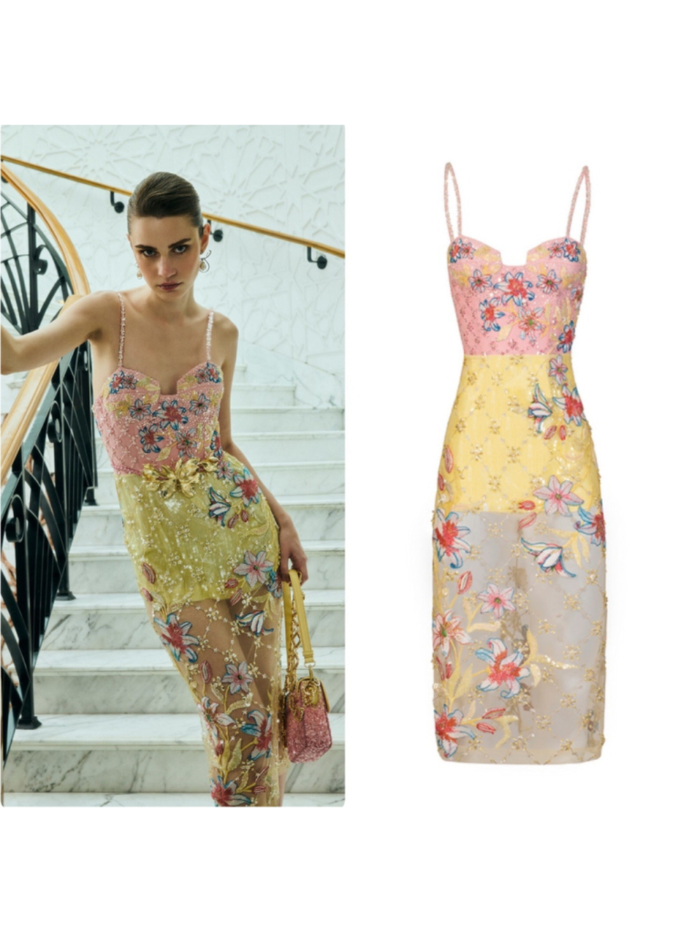 $1248 La Fuori Blush Lily Embroidered Floral Sequin Sheer MIDI Cocktail Dress M